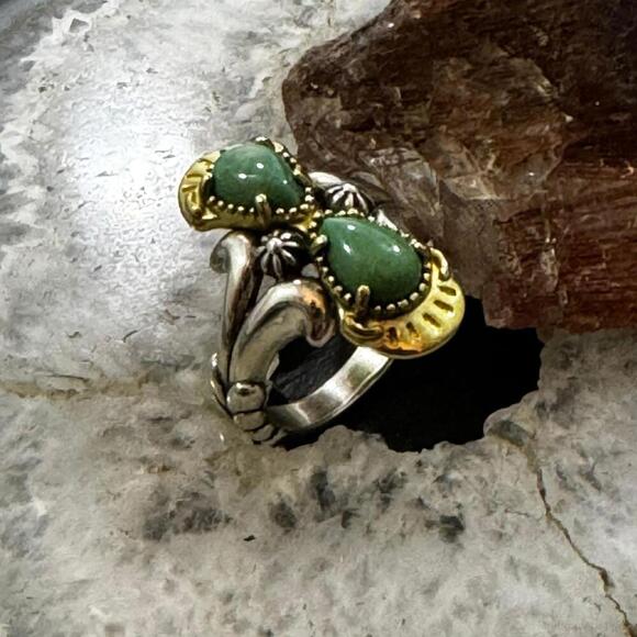 Carolyn Pollack Sterling & Brass 2 Green Turquoise Decorated Ring For Women - Picture 3 of 10